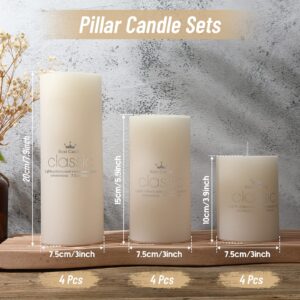 Sumind Set of 12 Poured Pillar Candles 3"x 4", 6", 8" Dripless Unscented Candle Long Clean Burning Rustic Country Style for Wedding, Christmas, Home Decor, Relaxation, All Occasions(Ivory White)