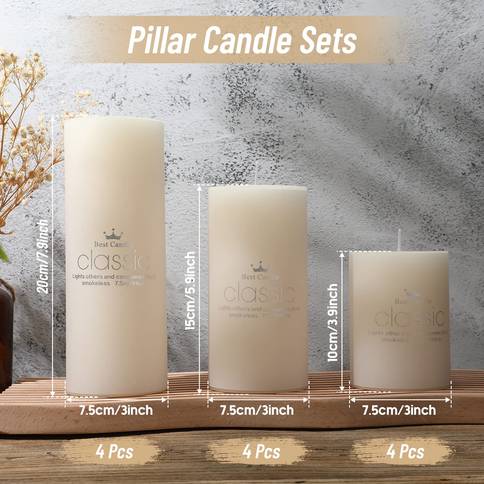 Sumind Set of 12 Poured Pillar Candles 3"x 4", 6", 8" Dripless Unscented Candle Long Clean Burning Rustic Country Style for Wedding, Christmas, Home Decor, Relaxation, All Occasions(Ivory White)