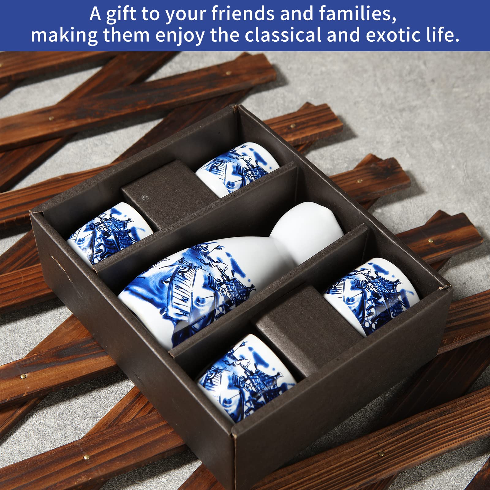 ABuff Japanese Sake Set, 1 Tokkuri Bottle & 4 Ochoko Cups with a Wooden Tray, Ceramic Sake Set Microwave and Dishwasher Safe