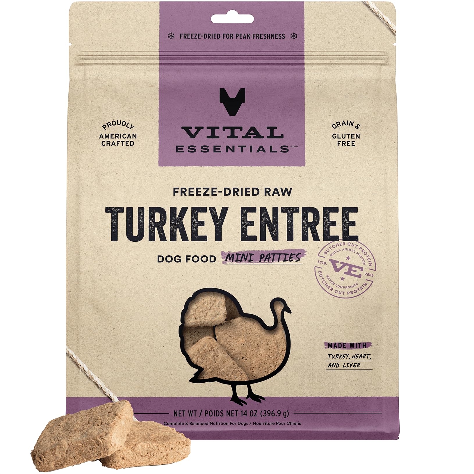 Vital Essentials Freeze Dried Raw Dog Food, Turkey Mini Patties Entree, 14 oz