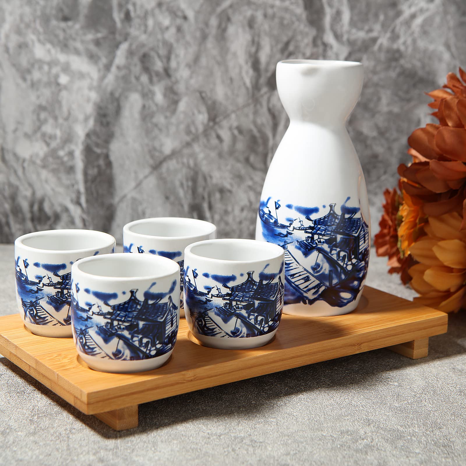 ABuff Japanese Sake Set, 1 Tokkuri Bottle & 4 Ochoko Cups with a Wooden Tray, Ceramic Sake Set Microwave and Dishwasher Safe