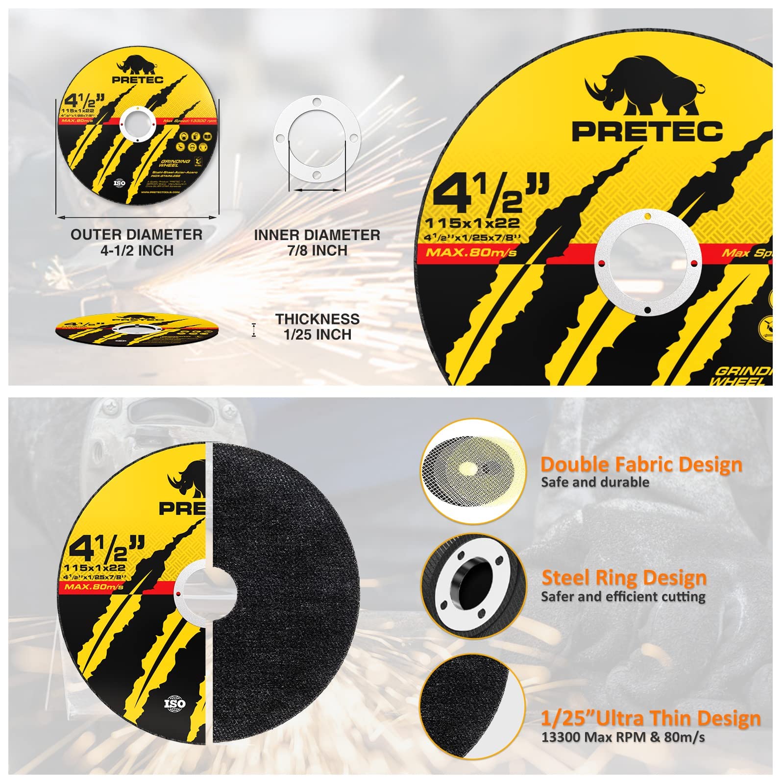 Cut Off Wheels 4-1/2", PRETEC 50+5 Pack Metal Cutting Wheel,Thin 4.5” Metal & Stainless Steel Fast Cutting Discs for Angle Grinder - 7/8" Arbor Hole