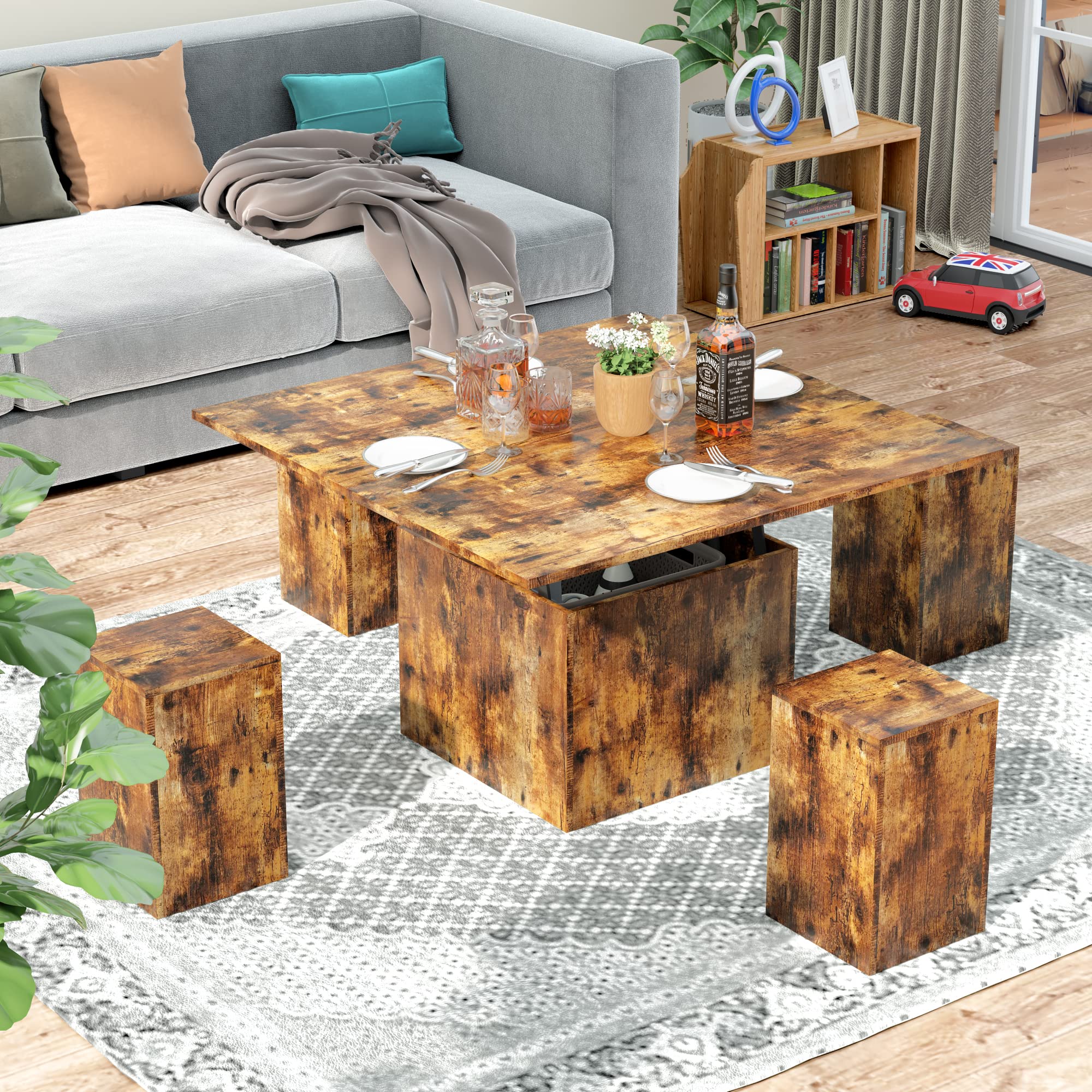 PAKASEPT Lift Top Coffee Table,3 in 1 Multi-Function Modern Dining Table with 4 Storage Bench,39.4” for Living Room Reception Room (Rustic Brown)