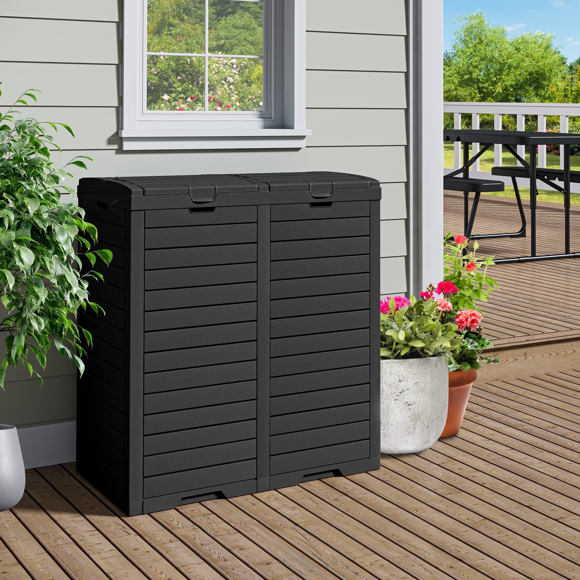 DWVO Outdoor Large Resin Trash Can, 62 Gallon Classified Hideaway Garbage Bins with Dual Lid and Drip Trays for Porch, Backyard, Deck, Patio, Poolside, Easy to Clean, 248 Quart, Black