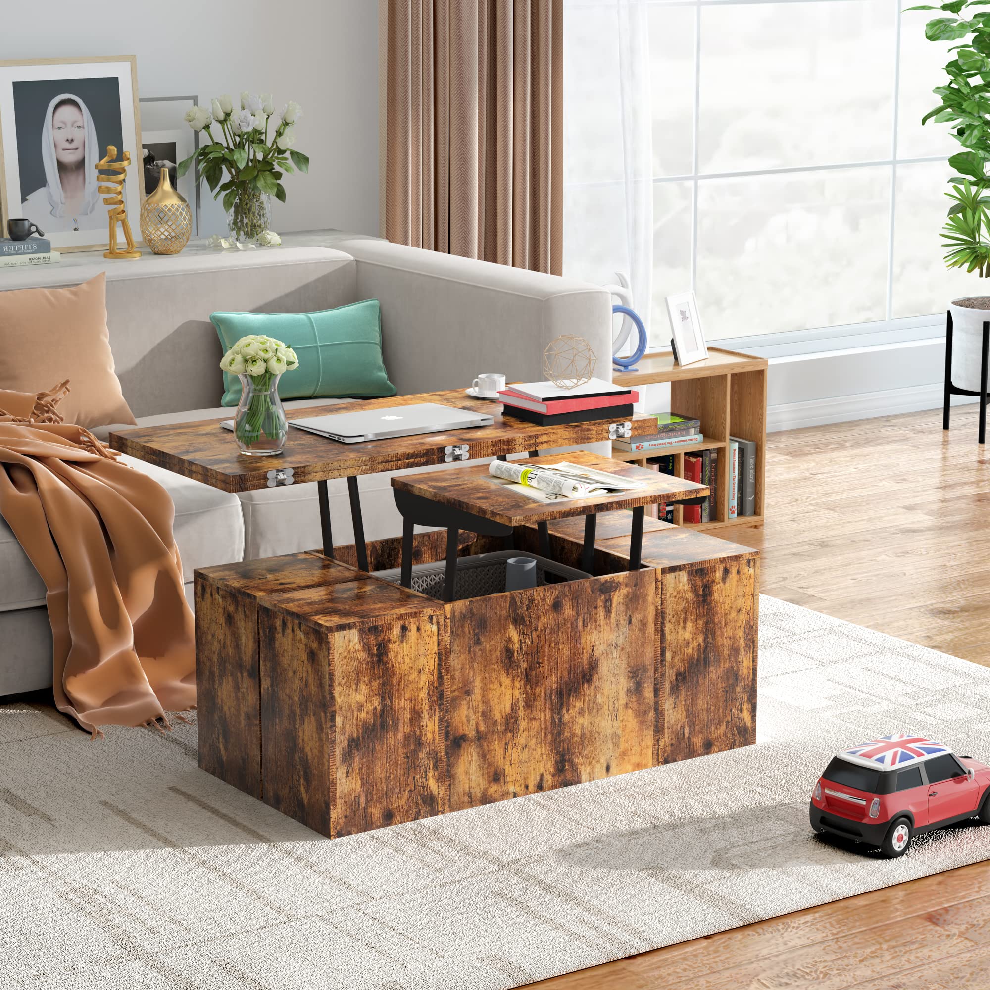 PAKASEPT Lift Top Coffee Table,3 in 1 Multi-Function Modern Dining Table with 4 Storage Bench,39.4” for Living Room Reception Room (Rustic Brown)