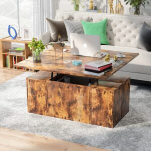 PAKASEPT Lift Top Coffee Table,3 in 1 Multi-Function Modern Dining Table with 4 Storage Bench,39.4” for Living Room Reception Room (Rustic Brown)