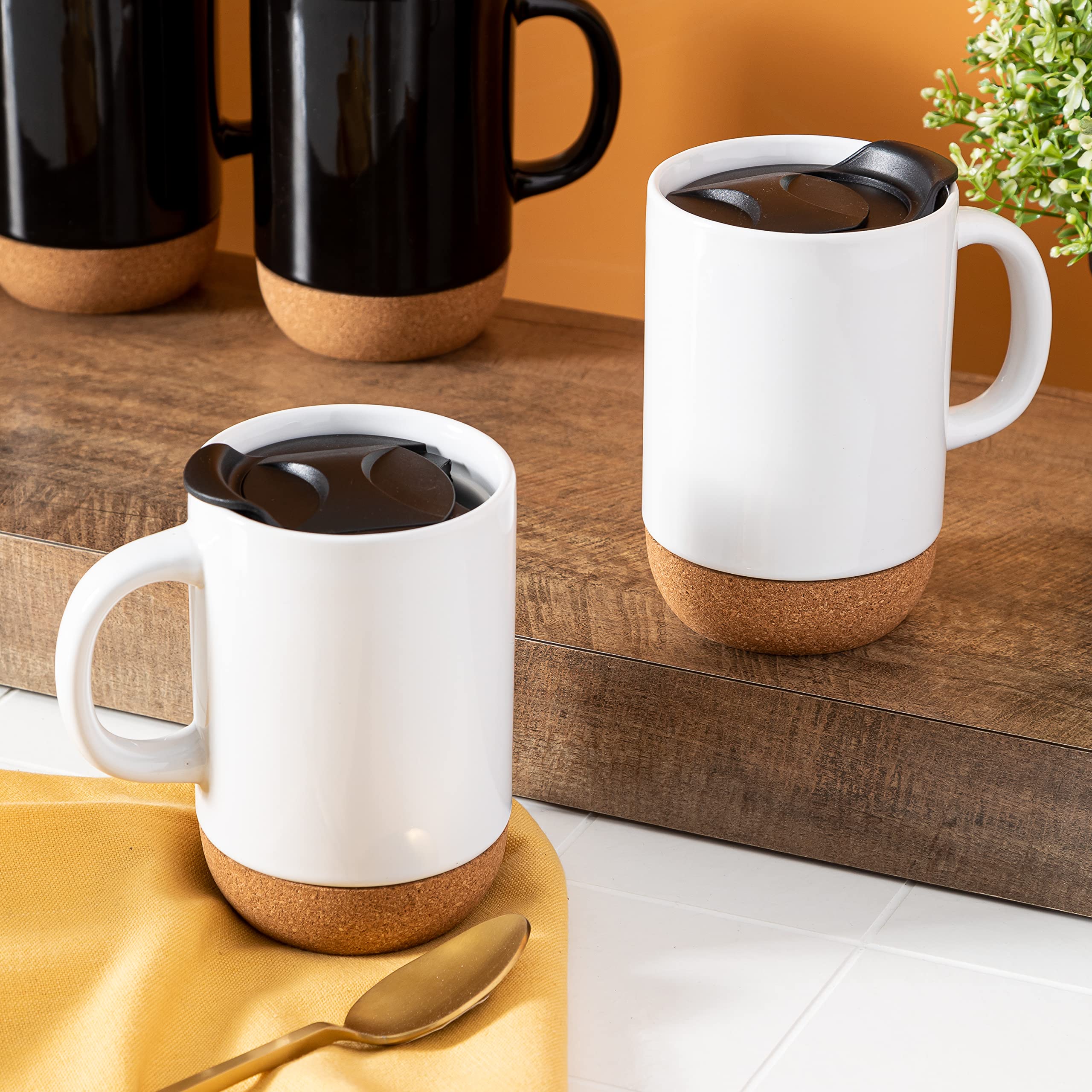 Gibson Home Modani 2 Pack Large 16.5 OZ Ceramic Mugs Set with Removable Cork Bottom and Lid - White