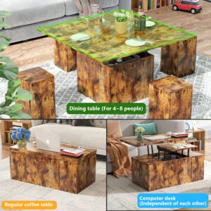 PAKASEPT Lift Top Coffee Table,3 in 1 Multi-Function Modern Dining Table with 4 Storage Bench,39.4” for Living Room Reception Room (Rustic Brown)