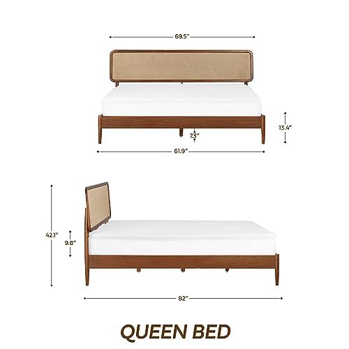 NTC Lupin Wooden Bed Frame with Headboard, Crafted from Walnut, Rubber Wood with Silent Slats and Wood Central Supports, 1000 Lb Capacity, Effortless Assembly, Queen - Dark Walnut