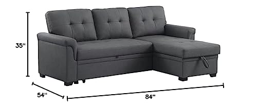 Lilola Home Lucca Performance Artificial Leather L-Shaped Pull-Out Sleeper Sofa Sectional with Reversible Storage Chaise and Solid Wood Frame, Gray