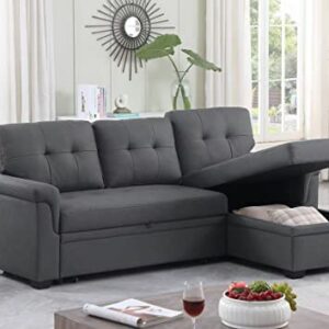 Lilola Home Lucca Performance Artificial Leather L-Shaped Pull-Out Sleeper Sofa Sectional with Reversible Storage Chaise and Solid Wood Frame, Gray