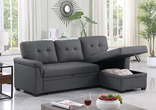 Lilola Home Lucca Performance Artificial Leather L-Shaped Pull-Out Sleeper Sofa Sectional with Reversible Storage Chaise and Solid Wood Frame, Gray