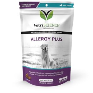 VetriScience Allergy Plus Immune Support Supplement for Dogs, Duck Flavor, 75 Chews – Probiotic Allergy Relief for Dogs with Itchy Skin, Paw Licking, Watery Eyes, Sneezing and GI Support