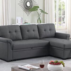 Lilola Home Lucca Performance Artificial Leather L-Shaped Pull-Out Sleeper Sofa Sectional with Reversible Storage Chaise and Solid Wood Frame, Gray