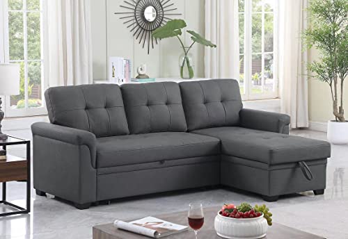 Lilola Home Lucca Performance Artificial Leather L-Shaped Pull-Out Sleeper Sofa Sectional with Reversible Storage Chaise and Solid Wood Frame, Gray