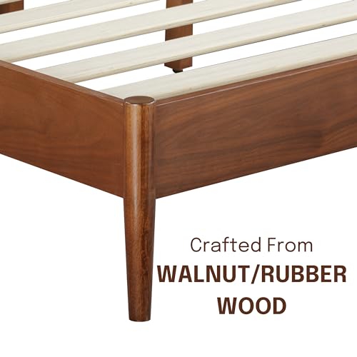 NTC Lupin Wooden Bed Frame with Headboard, Crafted from Walnut, Rubber Wood with Silent Slats and Wood Central Supports, 1000 Lb Capacity, Effortless Assembly, Queen - Dark Walnut