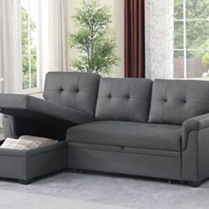 Lilola Home Lucca Performance Artificial Leather L-Shaped Pull-Out Sleeper Sofa Sectional with Reversible Storage Chaise and Solid Wood Frame, Gray