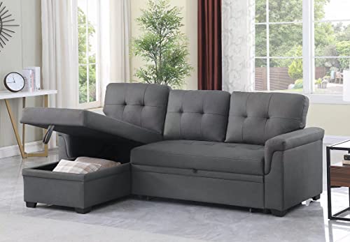 Lilola Home Lucca Performance Artificial Leather L-Shaped Pull-Out Sleeper Sofa Sectional with Reversible Storage Chaise and Solid Wood Frame, Gray