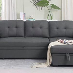 Lilola Home Lucca Performance Artificial Leather L-Shaped Pull-Out Sleeper Sofa Sectional with Reversible Storage Chaise and Solid Wood Frame, Gray