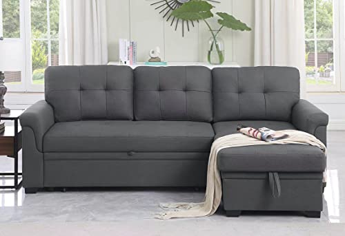 Lilola Home Lucca Performance Artificial Leather L-Shaped Pull-Out Sleeper Sofa Sectional with Reversible Storage Chaise and Solid Wood Frame, Gray