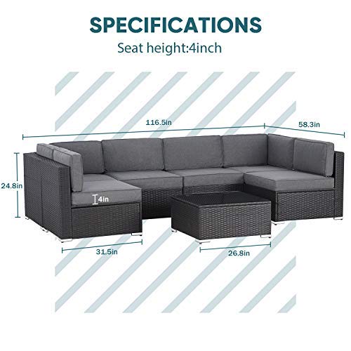 Betterland 7 Piece Outdoor Sectional Sofa Patio Furniture Set, All-Weather PE Rattan Wicker Patio Conversation Set with Washable Cushion and Glass Table(Grey)