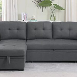 Lilola Home Lucca Performance Artificial Leather L-Shaped Pull-Out Sleeper Sofa Sectional with Reversible Storage Chaise and Solid Wood Frame, Gray