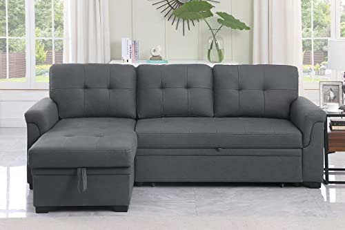 Lilola Home Lucca Performance Artificial Leather L-Shaped Pull-Out Sleeper Sofa Sectional with Reversible Storage Chaise and Solid Wood Frame, Gray