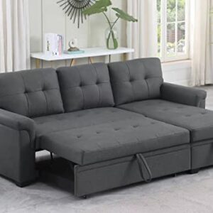 Lilola Home Lucca Performance Artificial Leather L-Shaped Pull-Out Sleeper Sofa Sectional with Reversible Storage Chaise and Solid Wood Frame, Gray