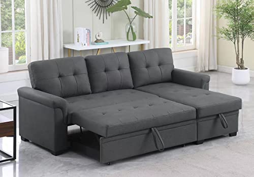 Lilola Home Lucca Performance Artificial Leather L-Shaped Pull-Out Sleeper Sofa Sectional with Reversible Storage Chaise and Solid Wood Frame, Gray