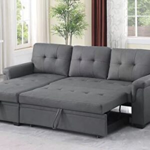 Lilola Home Lucca Performance Artificial Leather L-Shaped Pull-Out Sleeper Sofa Sectional with Reversible Storage Chaise and Solid Wood Frame, Gray