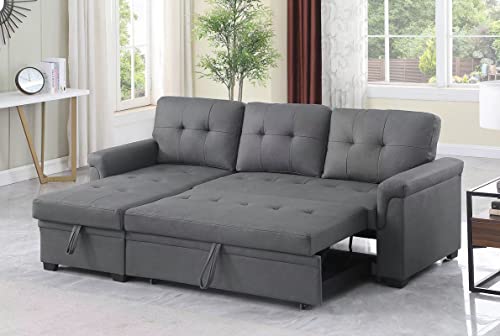 Lilola Home Lucca Performance Artificial Leather L-Shaped Pull-Out Sleeper Sofa Sectional with Reversible Storage Chaise and Solid Wood Frame, Gray