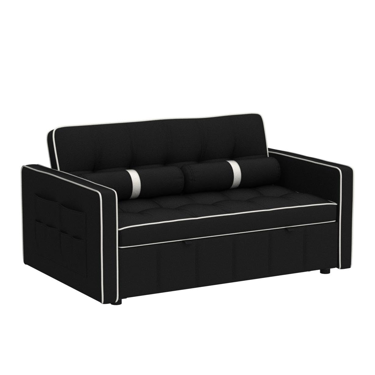 55.5" Convertible Sleeper Sofa Bed, 3 in 1 Velvet Loveseat Sofa Couch with Adjustable Backrest, Modern Pull Out Couch with Round Pillows and Pockets for Living Room (Black)