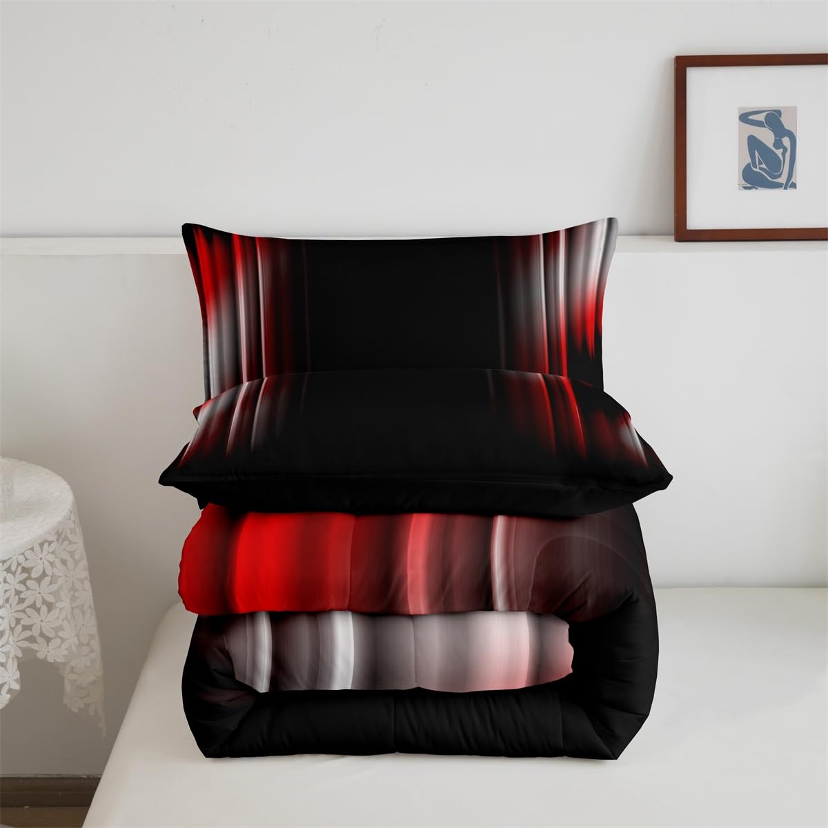 Feelyou Geometric Ombre Bedding Set Men Adults Teens Grey White Red and Black Stripes Comforter Set Kids Boys Girls Simple Modern Quilt Set 3Pcs Queen Size