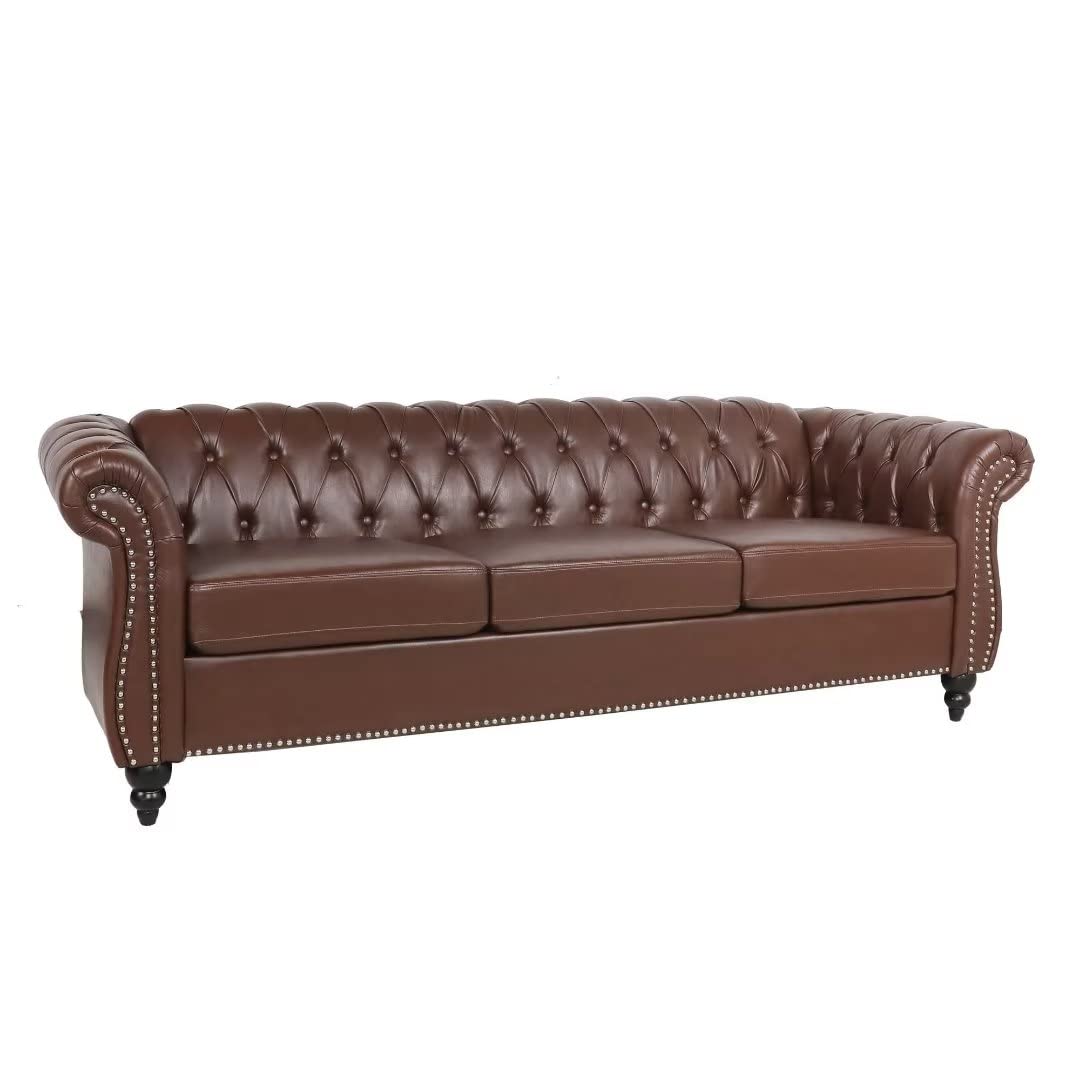 84"Rolled Arm Chesterfield Sofa Couch, Modern 3 Seater Sofa Couch, Luxious Leather Couch with Thicken Seat Cushions and Button Tufted Back, Chesterfield Couch with Nailhead Trim, Dark Brown+PU