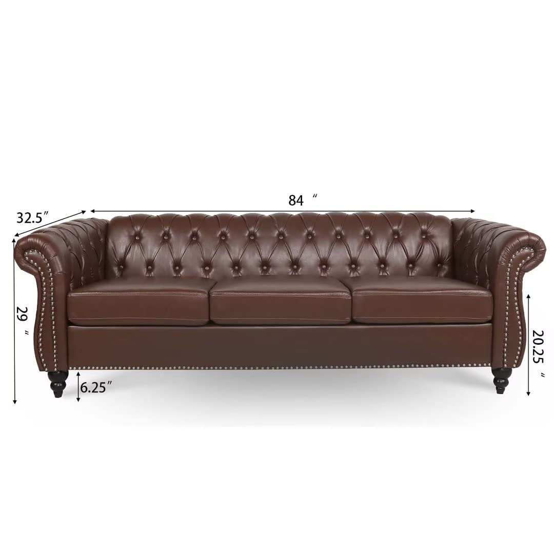 84"Rolled Arm Chesterfield Sofa Couch, Modern 3 Seater Sofa Couch, Luxious Leather Couch with Thicken Seat Cushions and Button Tufted Back, Chesterfield Couch with Nailhead Trim, Dark Brown+PU