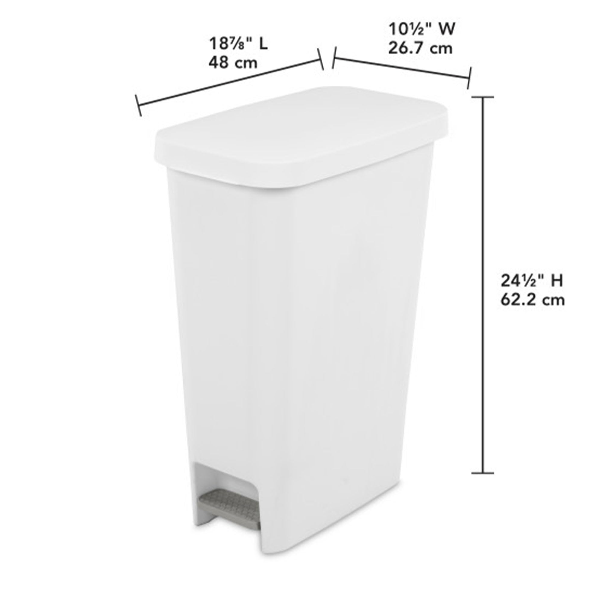 Sterilite 11 Gallon Slim Narrow StepOn Hands Free Portable Kitchen Wastebasket Trash Can Garbage Bin Container with Oversized Lid, White (4 Pack)