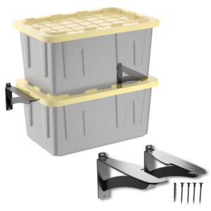 koova wall mounted tote rack storage system, fits 27-gallon black and yellow commander style bins, wall mount bracket shelves for garage organization, heavy duty steel, made in usa (2-piece set)