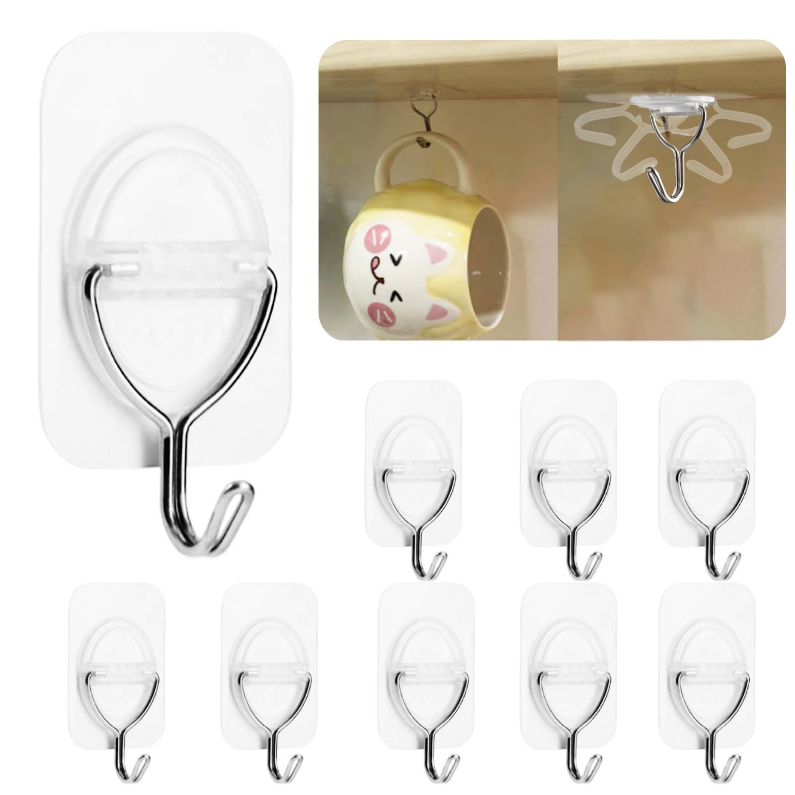 AccEncyc Small Adhesive Wall Hooks Clear Hooks for Hanging 9Pcs Kitchen Adhesive Hooks Strong Stick On Hooks Sticky Hangers with Stainless Hooks Heavy Duty Bathroom Hooks 13lb(Max)