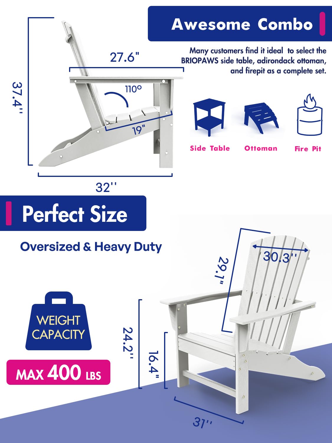 BRIOPAWS Adirondack-Chairs-Set of 2 | Fire Pit Chair | Oversized | HDPE Plastic | Weather Resistant | for Deck Outdoor Poolside Campfire | White