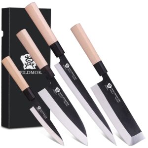 wildmok knife set of 4 gyuto sushi chef knives-yanagiba-deba-nakiri-utility kitchen knife, fish slicing filleting knife sets with german steel blade & traditional wooden handle