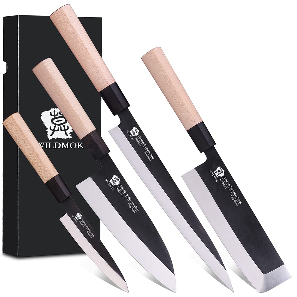 WILDMOK Knife Set of 4 GYUTO Sushi Chef Knives-Yanagiba-Deba-Nakiri-Utility Kitchen Knife, Fish Slicing Filleting Knife Sets with German Steel Blade & Traditional Wooden Handle