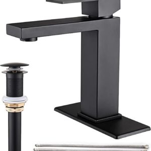 AVSIILE Matte Black Bathroom Faucet, Single Hole Vanity Bath Faucet, Single Handle Modern Stainless Steel Bathroom Faucets for Sink 1 Hole with Pop Up Drain Stopper & Water Supply Hoses