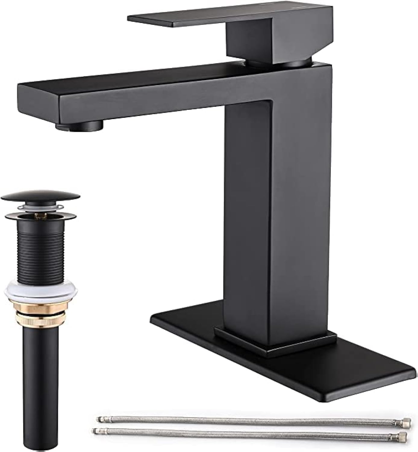 AVSIILE Matte Black Bathroom Faucet, Single Hole Vanity Bath Faucet, Single Handle Modern Stainless Steel Bathroom Faucets for Sink 1 Hole with Pop Up Drain Stopper & Water Supply Hoses