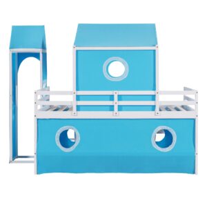 VilroCaz Playhouse Design Twin Size Low Loft Bed with Slide & Tent and Tower, Solid Wood Tent Bed Frame for Kids Boys Girls, Versatile Spacious Under Bed Space with Curtains(Blue-TW)