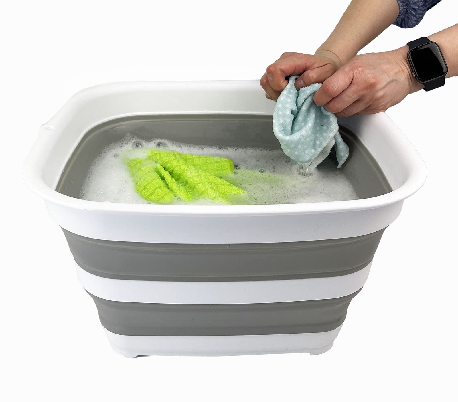 SAMMART 15L (3.9 gallons) Collapsible Plastic Washing Tub - Foldable Washtub - Portable Washing Basin - Space Saving Easy Storage (Lake Green+Grey (Set of 2))