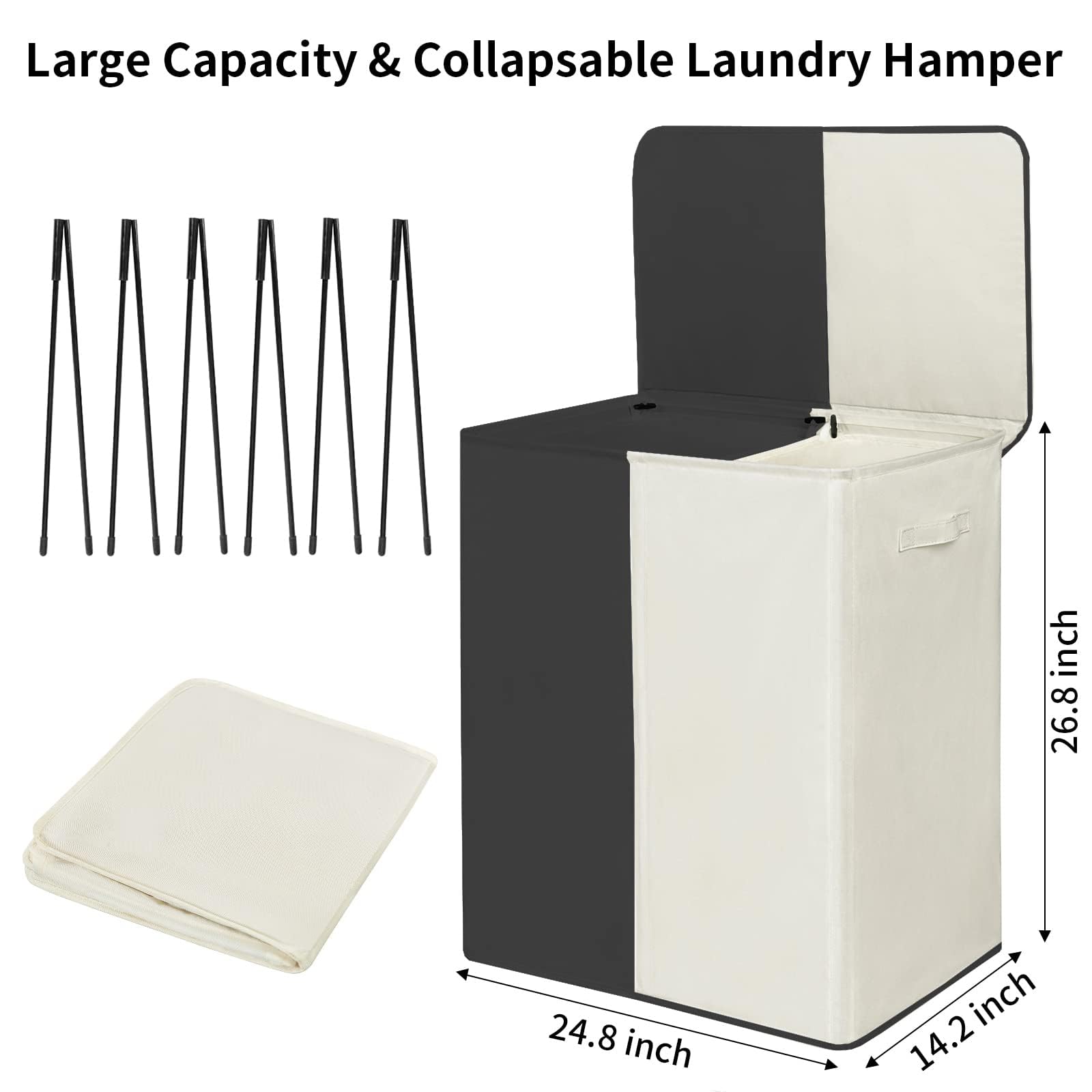 WOWLIVE Double Laundry Baseket with Lid and Removable Laundry Bags,154L Large Laundry Hamper 2 Section Collapsible Dirty Clothes Hamper for Laundry Room,College Dorm,Bathroom,Black and Beige