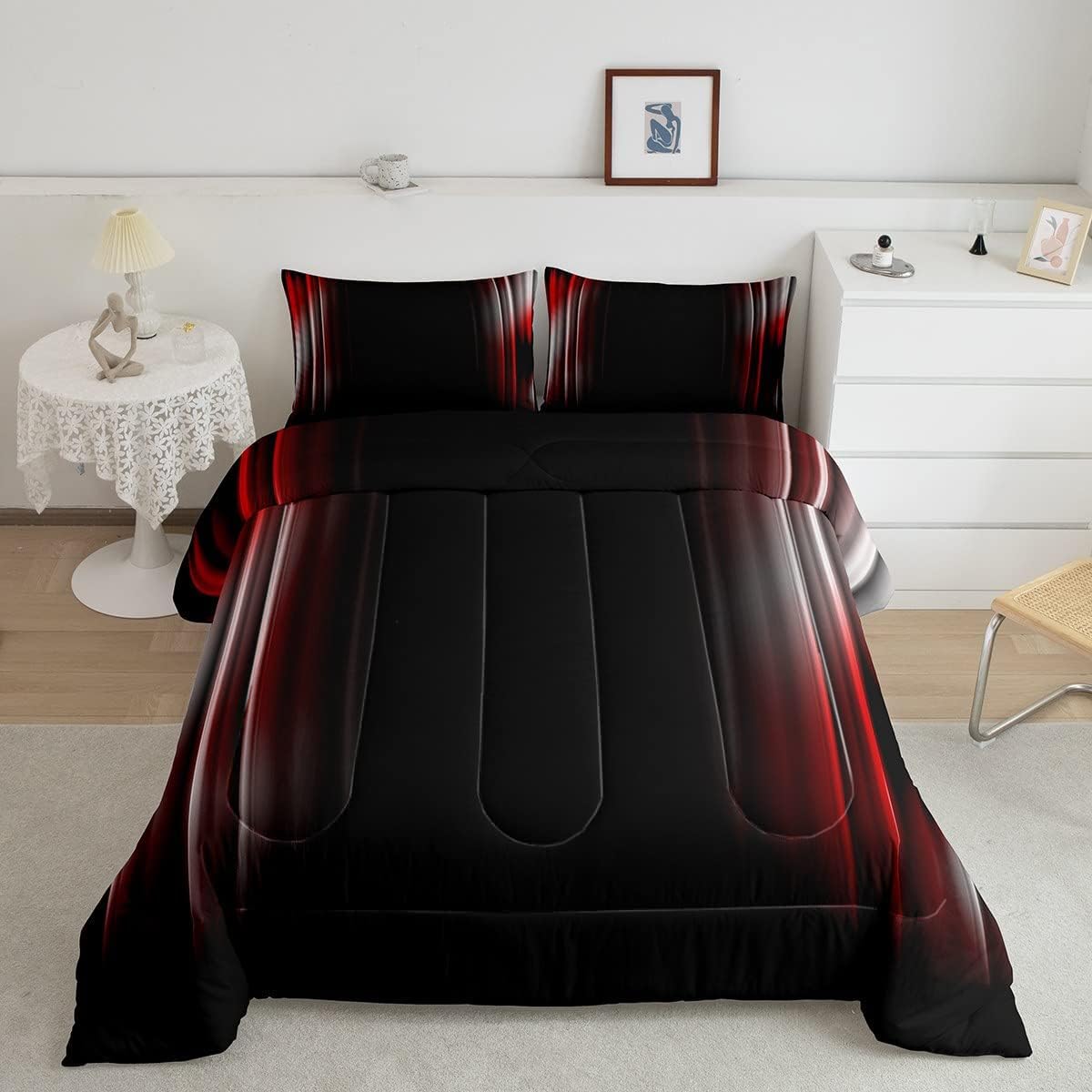 Feelyou Geometric Ombre Bedding Set Men Adults Teens Grey White Red and Black Stripes Comforter Set Kids Boys Girls Simple Modern Quilt Set 3Pcs Queen Size