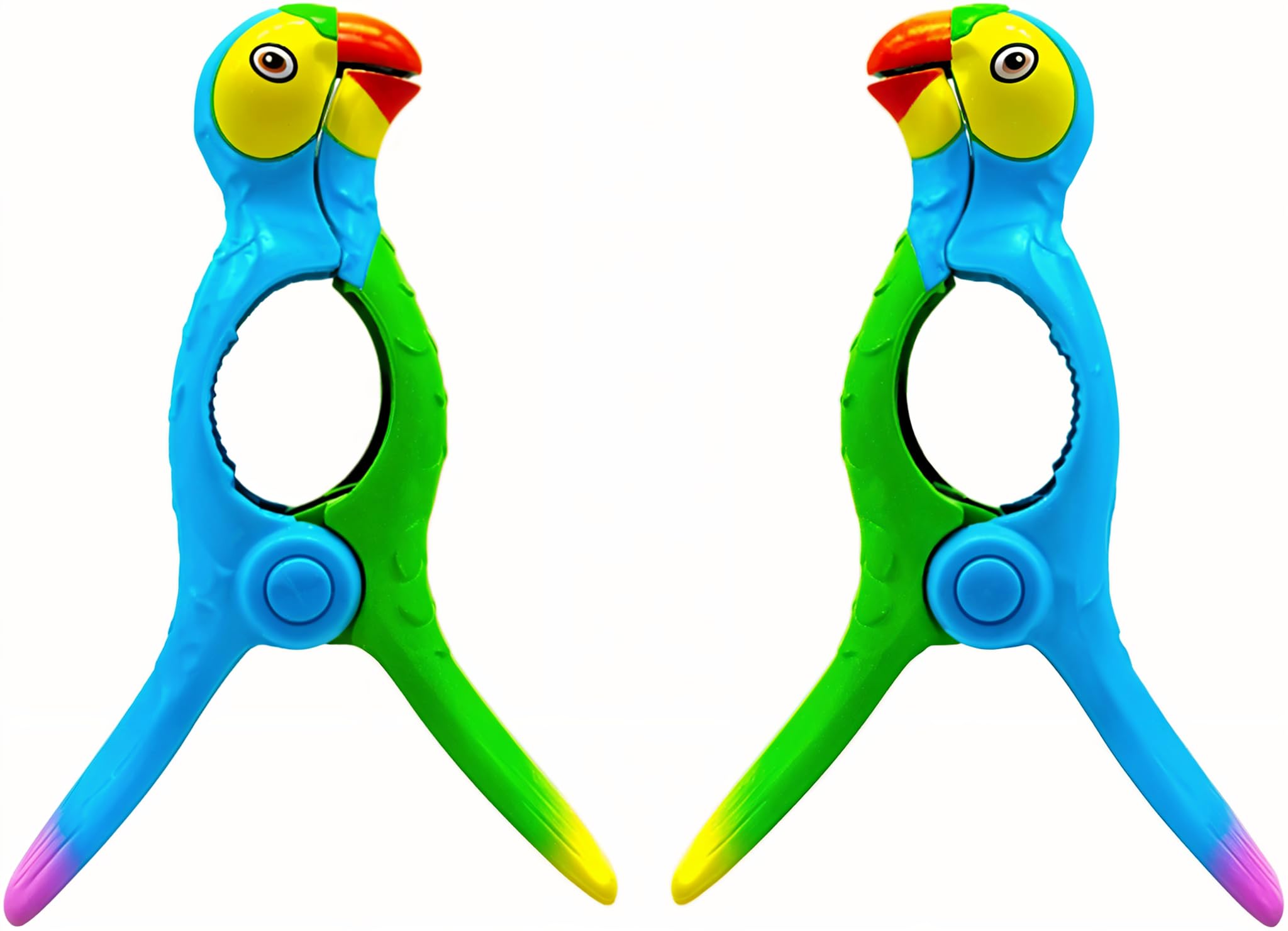 Performore 2 Pack of Parrot Beach Towel Clips, Portable Towel Holder Clips, Secure Clips for Beach Chairs Deck Patio Pool Boat Cruise Lounge Chair Accessories (Light Blue and Green)