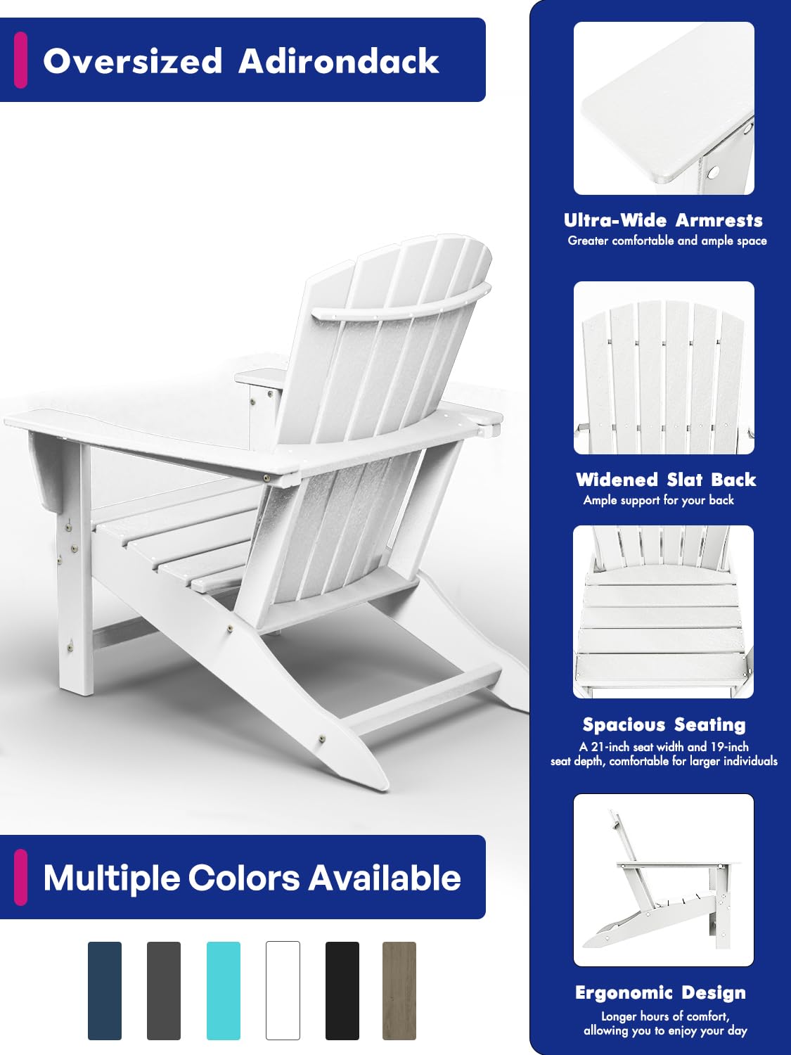 BRIOPAWS Adirondack-Chairs-Set of 2 | Fire Pit Chair | Oversized | HDPE Plastic | Weather Resistant | for Deck Outdoor Poolside Campfire | White