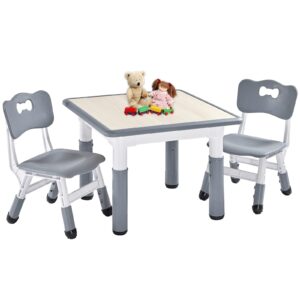 funlio kids table and 2 chairs set, height adjustable toddler table and chair set for ages 3-8, easy to wipe arts & crafts table, for classrooms/daycares/homes, cpc & ce approved (3pcs set) - gray